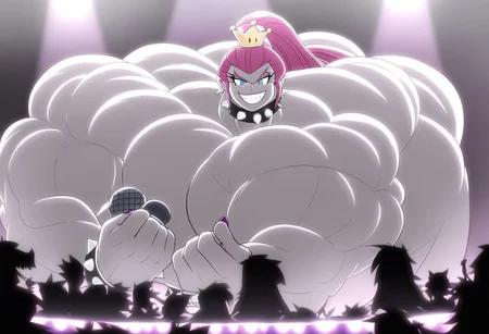 Pinkamena Diane Pie, Equestria Girls, poseMega, 1girl, breasts, super crown, collar, large breasts, bracelet, crown, ponytail, long hair, smile, jewelry, teeth, nail polish, grin, pink_dress, leaning_forward, shirtMega, poseMega, big muscle,large muscle,hyper muscle,huge muscle,thick limbs,thick thighs,thick arms, full body, monster muscles, giantess, microphone, holding microphone, singing, stage, neon lights, best quality, masterpiece, highres