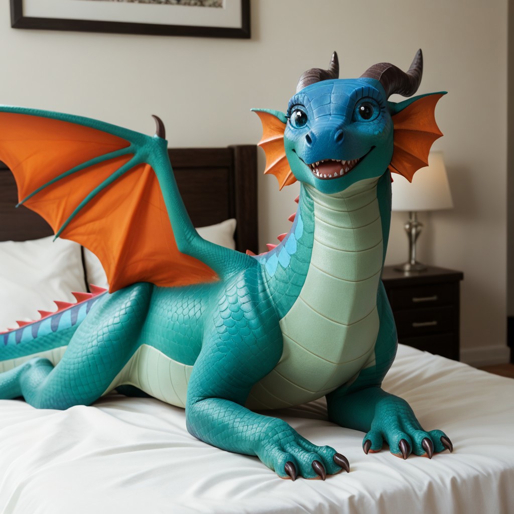 score_9, score_8_up, score_7_up, score_6_up, score_5_up, score_4_up, masterpiece, high quality, realistic, detailed, best quality, white bed, solo, rating_safe, source_furry, bedroom, smiling, happy, detailed eyes, detailed face, (looking at viewer), lying on belly, Glory_wof, Rainwing_wof, dragon, green scales, black horns, blue face, tail, claws, orange ear frills, blue eyes, orange wings, 1girl, female, (feral, spread wings:1.1)