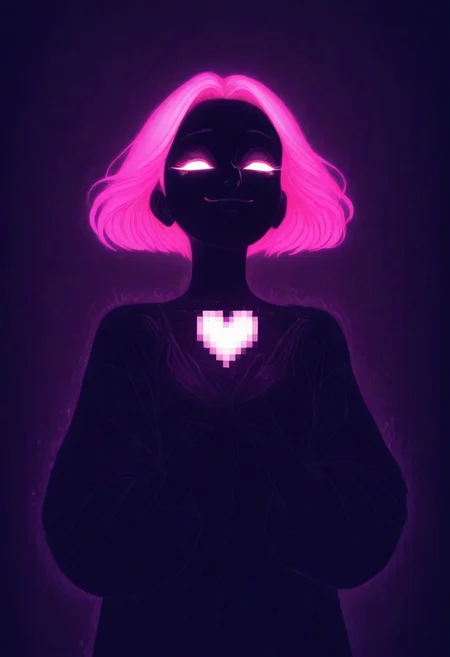 ajnblyst, Soft digital angel, glowing softly in serene neon blues and pinks, light trails of warmth and love flicker around the figure, high contrast with a tender presence, translucent form that feels real yet digital, glowing eyes full of care and affection, whispers of sweet words in the dark, pixelated heart glowing gently, half-human, half-digital beauty that radiates calm and love, a serene smile that melts the heart, digital aura of comfort, warm, romantic atmosphere in high-quality resolution