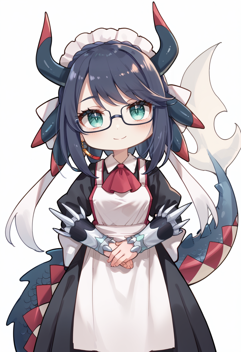 (score_9:0.9),score_8_up,score_7_up,rating_safe,anime style,(zPDXL),<lora:House Dragonmaid ponyXL v1:0.72>,house dragonmaid, 1girl, chibi, solo, glasses, maid dress, mob cap, smile, red ascot, own hands together, white background, simple background, looking at viewer, closed mouth, maid headdress, silver fingerless gloves, low dragon wings