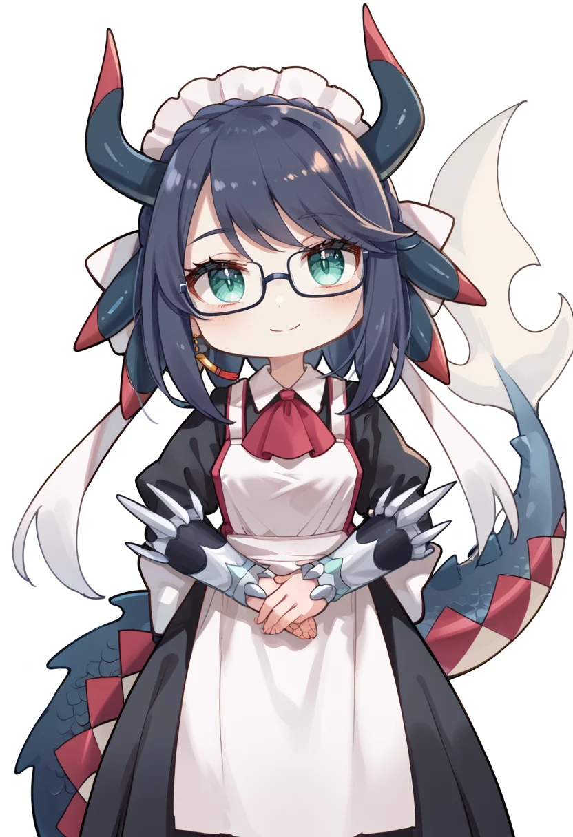 (score_9:0.9),score_8_up,score_7_up,rating_safe,anime style,(zPDXL),<lora:House Dragonmaid ponyXL v1:0.72>,house dragonmaid, 1girl, chibi, solo, glasses, maid dress, mob cap, smile, red ascot, own hands together, white background, simple background, looking at viewer, closed mouth, maid headdress, silver fingerless gloves, low dragon wings
