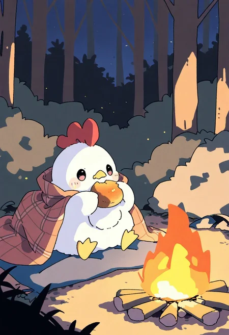 "(masterpiece, best quality, high quality, highres), very awa, highres, absurdres,
(naguru \(cyoroama\), (chii-kun \(seedyoulater\):0.7), 
(chicken:1.1),
(no humans:1.1), (cute:1.2), comfy, solo, cozy,
outdoors, forest, bonfire, night, under the blanket, eating, "