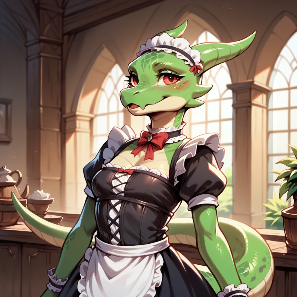 (((detailed, beautiful, high quality))), score_9, score_8_up, score_7_up, solo, 
kobold, furry dragon, tail, short stature,
1girl, female focus, green skin, red eyes, maid costume, 
looking at the viewer,
fantasy background, blurred background,