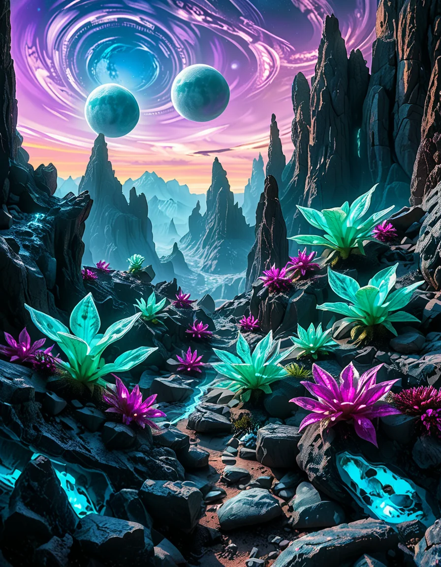 A breathtaking, high-resolution photograph of an alien planet with a surreal and otherworldly landscape. The sky is filled with two massive moons, casting an eerie glow over the terrain. Jagged rock formations, covered in bioluminescent moss, stretch across the horizon, glowing in shades of blue and purple. Strange, twisted plants with translucent leaves and pulsating veins grow from the cracked, iridescent soil. In the distance, towering crystalline mountains shimmer under the light of a distant red sun, their peaks enveloped in a misty, ethereal haze. The air is thick with floating luminescent spores, drifting like tiny fireflies. Rivers of liquid metal carve through the landscape, reflecting the vibrant alien sky. The atmosphere is a mix of neon blues, purples, and greens, creating a mesmerizing and futuristic scene, as if taken from the surface of a newly discovered exoplanet.
<lora:SDXLFaeTastic2400:0.4> <lora:extremely_detailed:0.4> extremely detailed,<lora:alien_pl4n3t:1>,alien pl4n3t