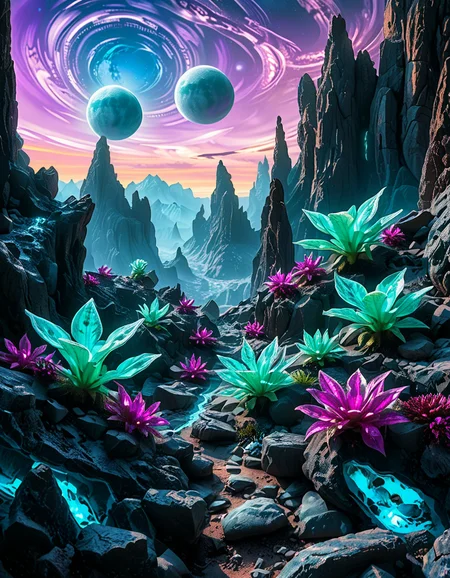 A breathtaking, high-resolution photograph of an alien planet with a surreal and otherworldly landscape. The sky is filled with two massive moons, casting an eerie glow over the terrain. Jagged rock formations, covered in bioluminescent moss, stretch across the horizon, glowing in shades of blue and purple. Strange, twisted plants with translucent leaves and pulsating veins grow from the cracked, iridescent soil. In the distance, towering crystalline mountains shimmer under the light of a distant red sun, their peaks enveloped in a misty, ethereal haze. The air is thick with floating luminescent spores, drifting like tiny fireflies. Rivers of liquid metal carve through the landscape, reflecting the vibrant alien sky. The atmosphere is a mix of neon blues, purples, and greens, creating a mesmerizing and futuristic scene, as if taken from the surface of a newly discovered exoplanet.
<lora:SDXLFaeTastic2400:0.4> <lora:extremely_detailed:0.4> extremely detailed,<lora:alien_pl4n3t:1>,alien pl4n3t