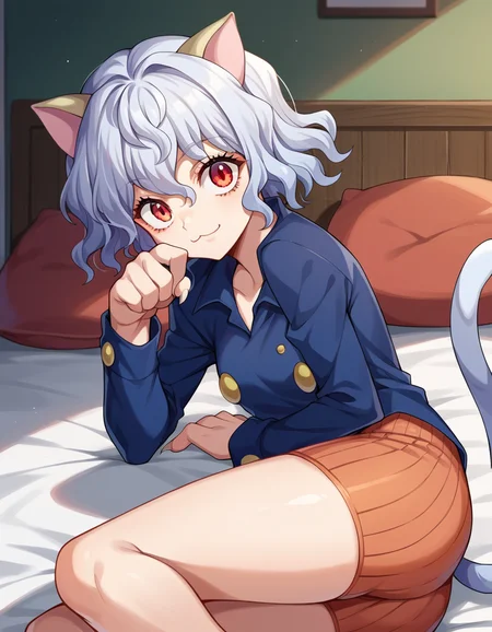 score_9, score_8_up, score_7_up, source_anime,
neferpitou, <lora:neferpitou-ponyxl-lora-nochekaiser:1>,
neferpitou, short hair, red eyes, animal ears, tail, white hair, cat ears, cat tail, curly hair, smile,
long sleeves, shorts,
indoors, bed, bed room, on side,
looking at viewer, dutch angle, cowboy shot,