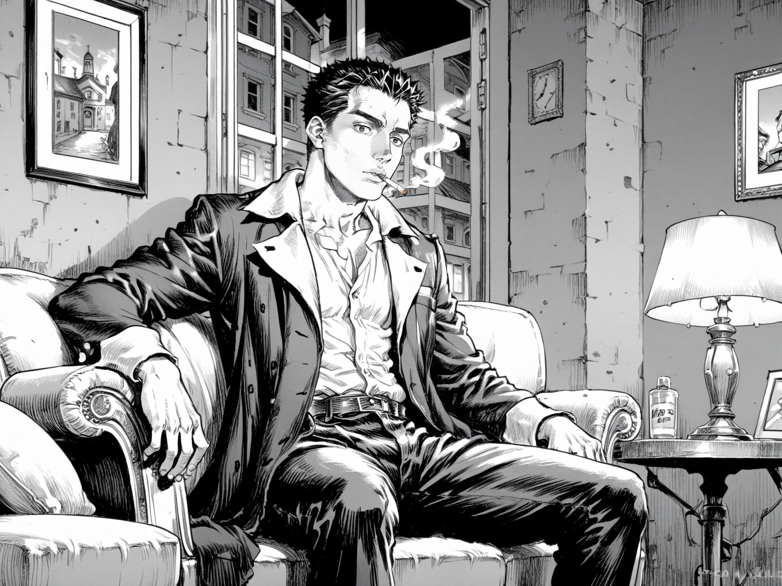 adult man, male focus, brown eyes, black hair, short hair, sitting in the chair, holding cigarette, smoking, detective, coat, pants, hotel, indoors, corner, lamp, dark, night, solo,
, <lora:Berserk:0.8>, score_9, score_8_up, score_7_up, zPDXL3, monochrome, greyscale