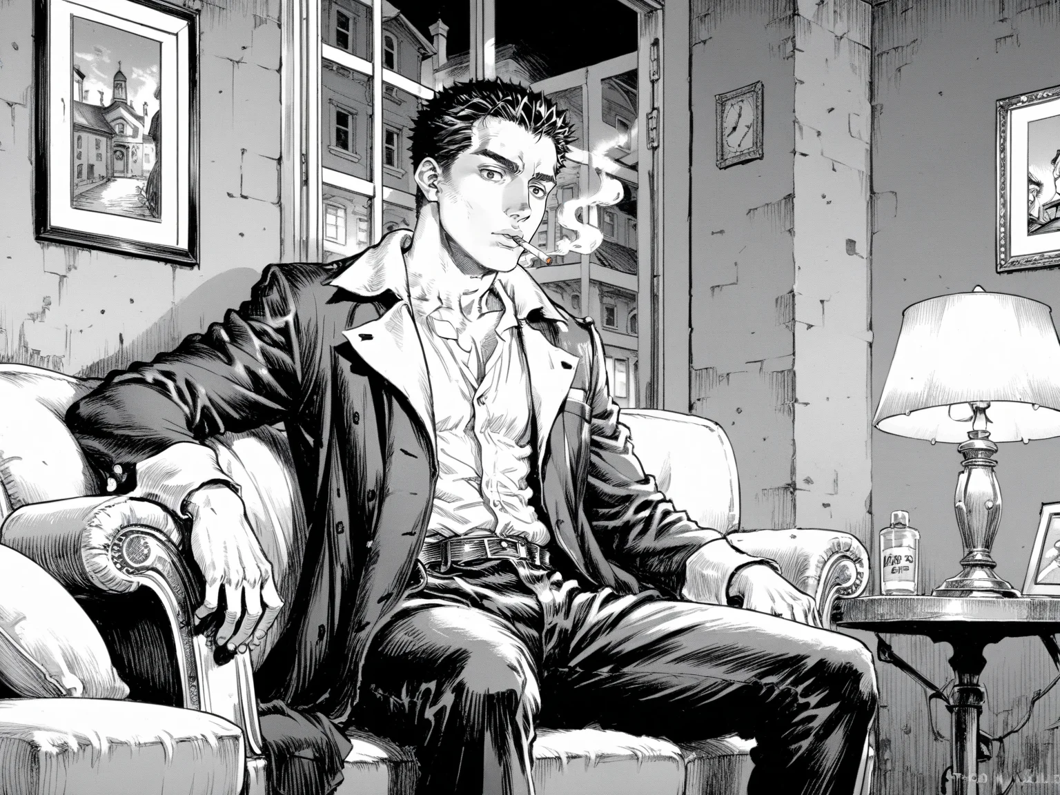 adult man, male focus, brown eyes, black hair, short hair, sitting in the chair, holding cigarette, smoking, detective, coat, pants, hotel, indoors, corner, lamp, dark, night, solo,
, <lora:Berserk:0.8>, score_9, score_8_up, score_7_up, zPDXL3, monochrome, greyscale