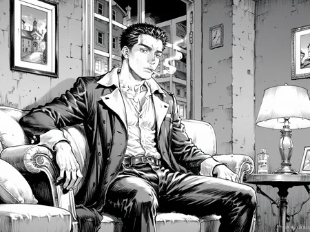 adult man, male focus, brown eyes, black hair, short hair, sitting in the chair, holding cigarette, smoking, detective, coat, pants, hotel, indoors, corner, lamp, dark, night, solo,
, <lora:Berserk:0.8>, score_9, score_8_up, score_7_up, zPDXL3, monochrome, greyscale