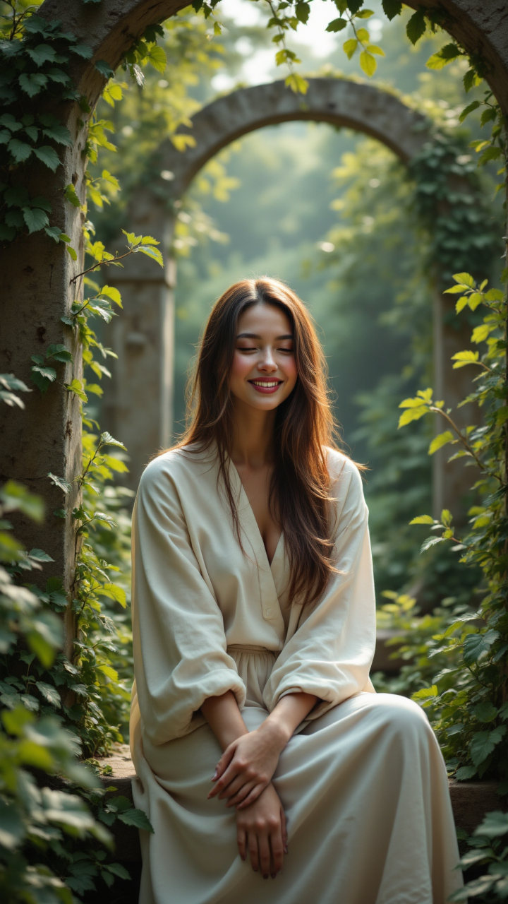 The very Tasteless scene is inspired by ivory carving technique with a, A woman with long, flowing brown hair and a kind smile sits on a bench in the middle of a lush garden. She holds her hand tightly as she gazes into the distance. The scene is set with a still composition. aidmafluxpro1.1