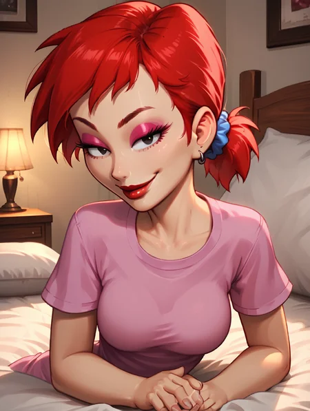 score_7, score_8, score_9, detailed background,ultra high detailed,(toon (style):1.2),high detailed character,inside,bedroom,on bed,portrait,hand on hips,,,red bed,silk bed,wrinkled bed,pillows,lights,,ultra high detailed,masterpiece, BREAK Solo, 1girl,female,seductive eyes,long eyelashes,half closed eyes,  ,pink glitter eyeshadow,makeup,breast press,,short sleeves,earstuds,square nails,perfect nails,close-up, <lora:rita:0.9> rita, red hair, narrow waist, 1girl, toon (style), flat color, medium breasts,Sweetheart neckline, black eyes, long eyelashes, rita hair, short ponytail, pink shirt,white neckline, blue scrunchie, smirk,bedroom eyes, perfect lips,red lips,<lora:Expressive_H:0.65> <lora:incase-ilff-v3-4:0.5> <lora:princess_xl_v1:1>, <lora:g4n1m3XLP:1> g4n1m3, perfect face, high detailed face,slight cleavage,