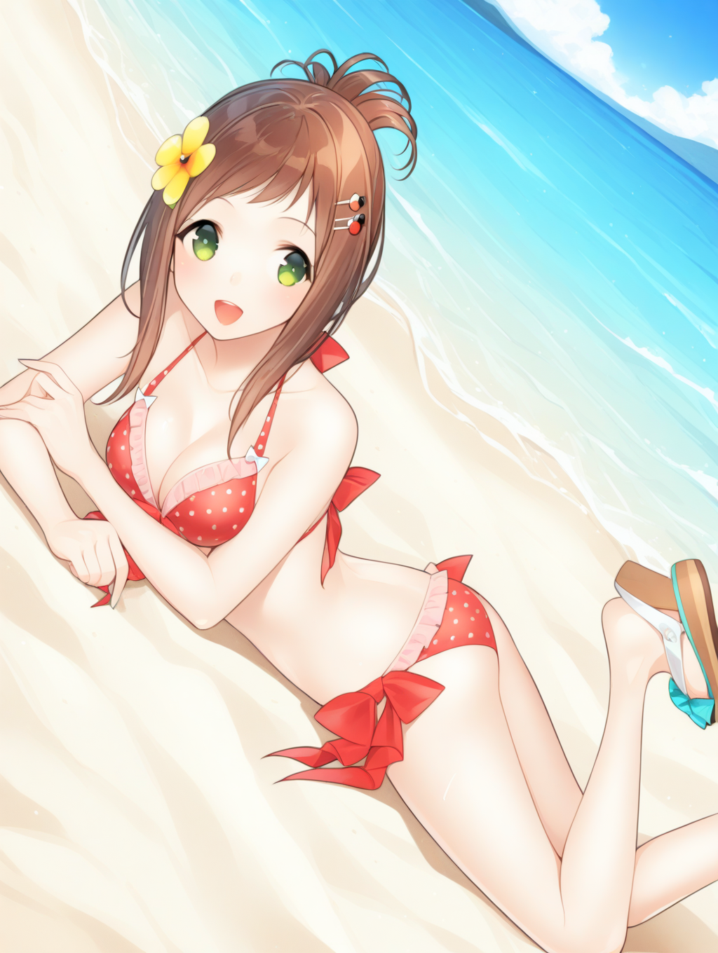perfect quality,best quality,absolutely eye-catching,ambient occlusion,raytracing BREAK
1girl,<lora:sofia natu IL v1.1:1>,natu,polka dot bikini,ribbon,hair ornament,sandals,solo,ocean,beach,green eyes,updo,, dutch angle,wide_shot,on stomach,occlusion,arm_grab,reclining,