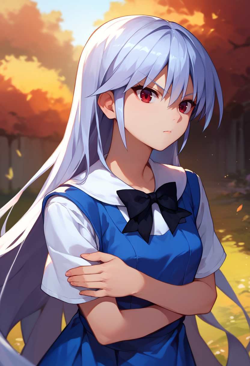 score_9, score_8_up, score_7_up,  1girl,  Kazuki, silver hair, long hair, red eyes, white shirt, blue dress, black bow, crossed arms, outdoors, front view,   <lora:Kazuki Dora V2-000008:1>
