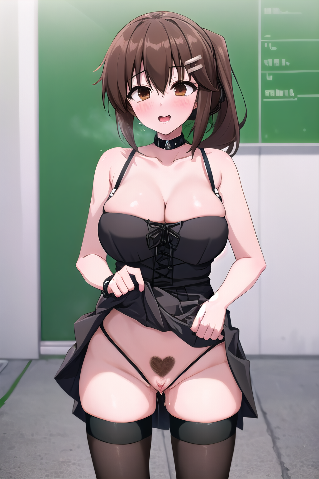 masterpiece, best quality, ultra-high-detailed, 1girl, heart-shaped pubic hair, public hair,   Minakami Yuki, brown hair, brown eyes, ponytail, choker, pin, armband, black dress, skirt lift, pussy, black thighhighs