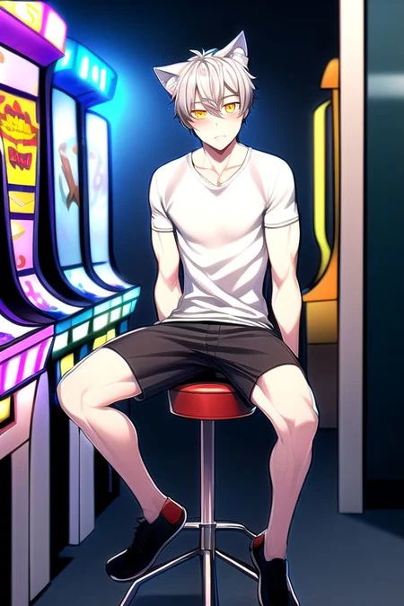 (masterpiece, intricate:1.3), (best quality, hires textures, high detail:1.2), (4k) 1boy, adult male, man, cat ears, no human ears, short hair, silver hair, yellow eyes, cargo shorts ,tee shirt, sitting on a stool, at an arcade