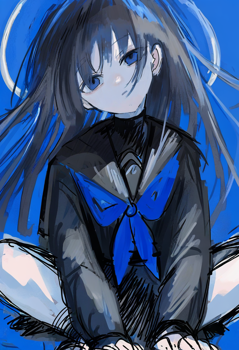 1girl, solo, long hair, school uniform, blue background, black hair, sailor collar, serafuku, blue neckerchief, neckerchief, sitting, shirt, black sailor collar, simple background, halo, black skirt, skirt, black shirt, black serafuku, butterfly sitting, sketch, long sleeves, blue hair <lora:shiunXL_NB11_lokr_V6311P:0.95>