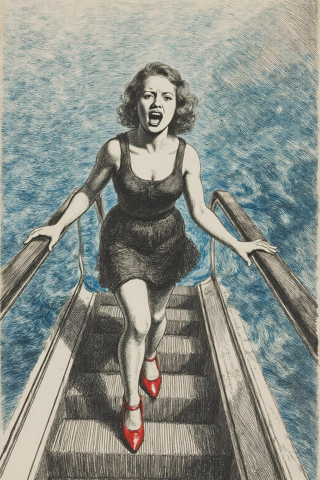 rembr1 etching of a woman in a chic little black dress and vibrant red high heels, gracefully descending an escalator. She wears black lipstick and is screaming. Her attire exudes elegance and sophistication, with the red heels providing a bold pop of color against the classic black dress. The escalator itself, typically found in a mall or airport, leads downwards into an unexpected and dreamlike destinationâ -- pool of rippling water. The water is blue and ripples as the escalator's steps disappear beneath the surface. The woman's posture is poised and confident, as she seems unperturbed by the unusual surroundings. The overall atmosphere is a blend of high fashion and surreal fantasy, capturing a moment that is both elegant and otherworldly <lora:rembr_etch4_cap_d6a3e11:1.0><lora:810544875469632223:0>