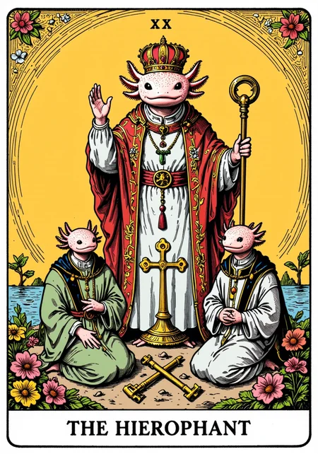 axolotl, a tarot card in the style of ck-tc featuring, A tarot card with the text "The Hierophant," an axolotl in religious garb, two followers kneeling, a staff, a triple cross, a pair of keys crossed.<lora:ck-tarot-000015.safetensors:1.0:1.0> <lora:Axomodel_Flux_V1.1.safetensors:1:1>