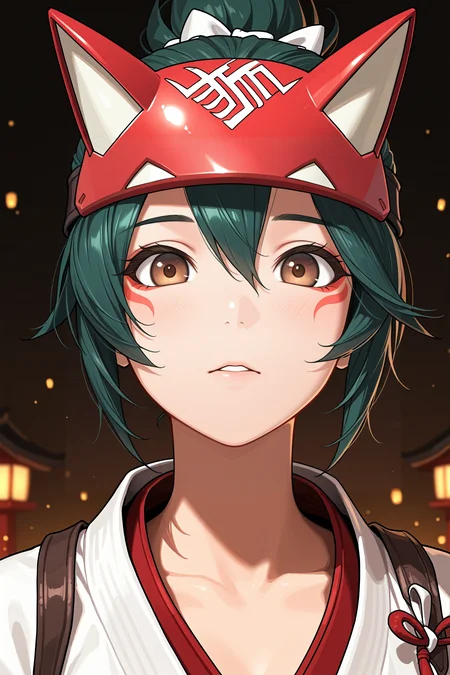 masterpiece, best quality, absurdres,
<lora:OKiriko:1.0>
OKiriko, 1girl, green hair, brown eyes, fox mask, facial marks, looking at viewer, portrait