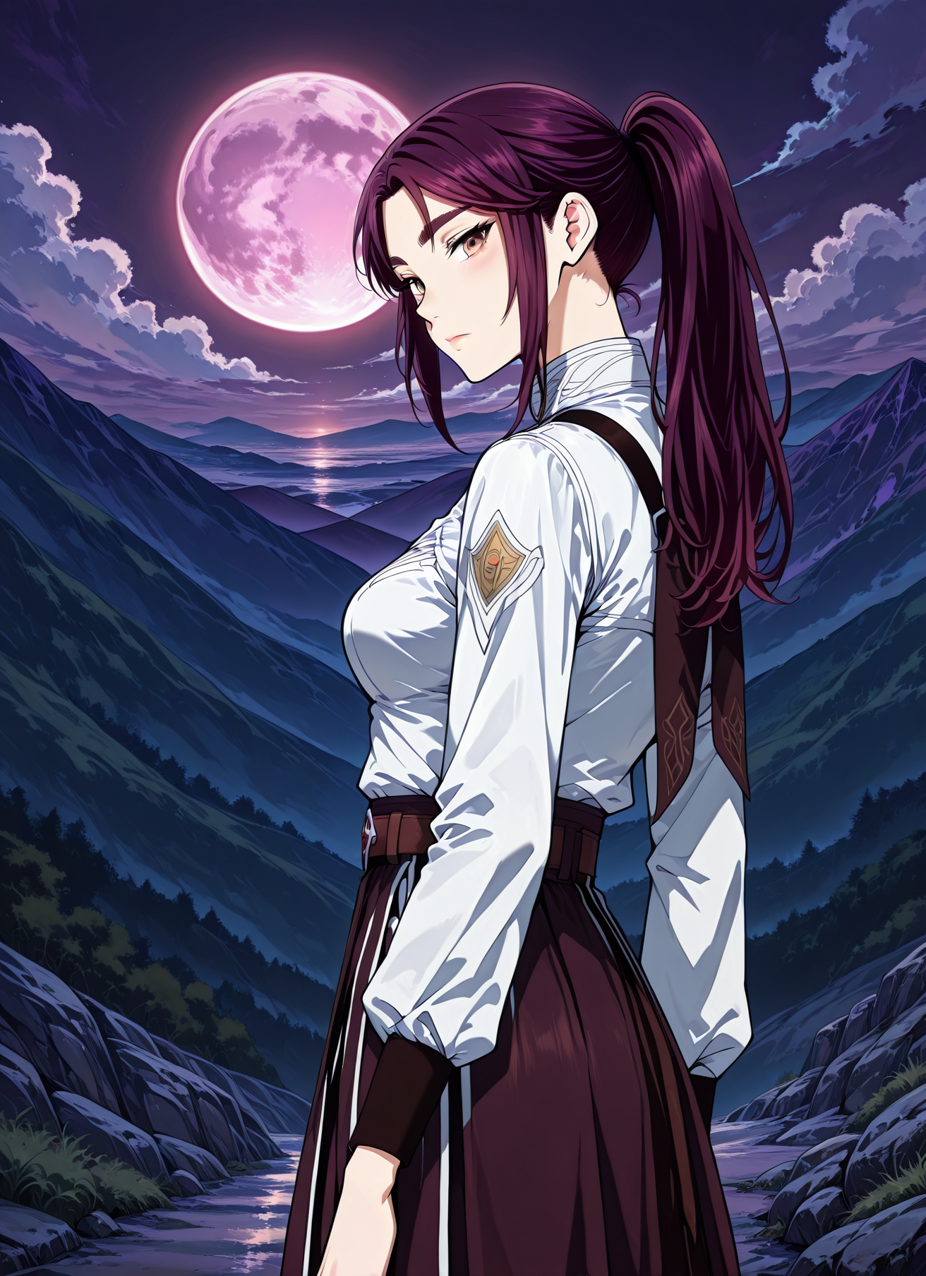 <lora:Vanesy_Glory__The_Beginning_After_the_End__Illustrious:1>
1 girl, solo, brown eyes, purple hair, long hair, ponytail, sidelocks, thick eyebrows, 
uniform, white shirt, long sleeves, belt, boots, <lora:iLLMythG0thicL1nes:1>
score_9, score_8_up, score_7_up, source anime, BREAK, cowboy shot, (from side), looking back, looking at viewer, overlooking mountain, high altitude, scenery, exterior, background, (solo), night, purple moon