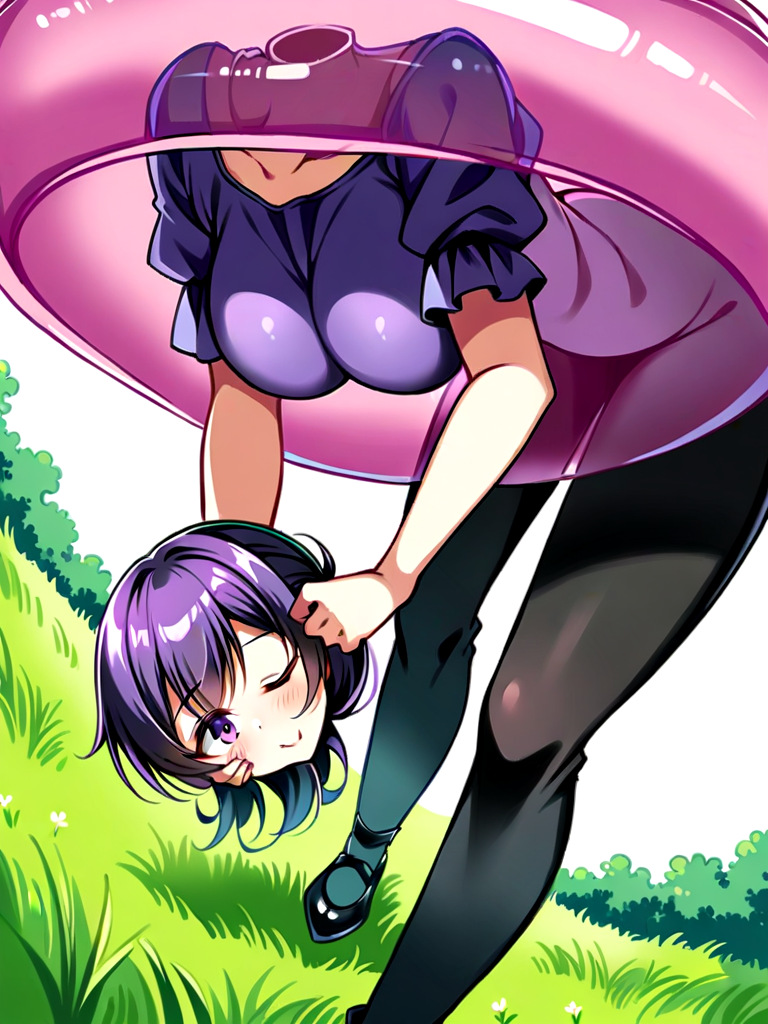 disembodied head,holding head,solo,girl,bent over,purple sleeves,short sleeves,black pants,inside innertube,on grass,one eye closed,medium breasts,black shoes,from below,hanging breasts <lora:xlDADAPTADAM_disembodied_v3-000009:2:lbw=1,0,0,0,0,0,0,0,0,1,0,1,0,0,0,0,0,0,0,0>