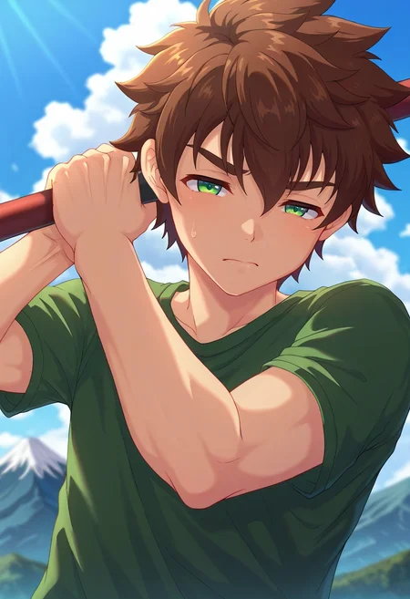 masterpiece, best quality, , semi-realistic, , depth of field, 1boy, solo, male focus, <lora:keitaro_nagame_ilxl:0.92>, keitaro_nagame, brown hair, green eyes, short hair, , , close-up, fuji mountain, day, clouds, holding weapon, squinting, shirt,