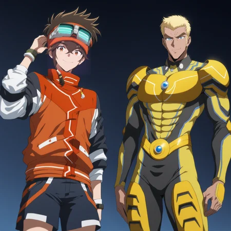 <lora:Sawyer_Tomura>,multiple boys,2boys,male focus,looking at viewer,upper body,masterpiece,high score,great score,absurdres,
sawyer tomura,goggles,goggles on head,headband,shorts,orange-black-white layered sleeves jacket,smile,
morris shoemaker,bodysuit,yellow-black armor bodysuit,hand on own hip,