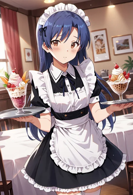 score_9, score_8_up, score_7_up, source_anime, kisaragi chihaya, blue hair, long hair, brown eyes, 1girl, maid headdress, solo, maid, apron, blush, parfait, thighhighs, tray, lens flare, maid apron, enmaided