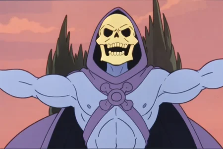 skeletor, outstretched_arms, laughing, solo, red_sky, snake mountain
