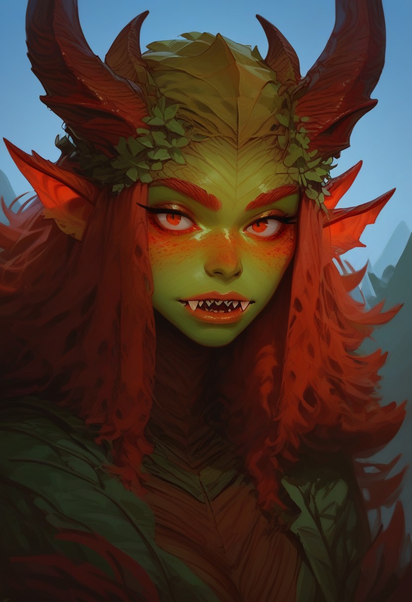Score_9, score_8_up, high detail,  smooth art, masterpiece, best quality, amazing quality, monster girl,
Break
1girl, solo, plant woman, green skin,  leaf skin, full red eyes, sharp claws, monster mouth open, wood horns, 
Break
Forest background, bright blue sky