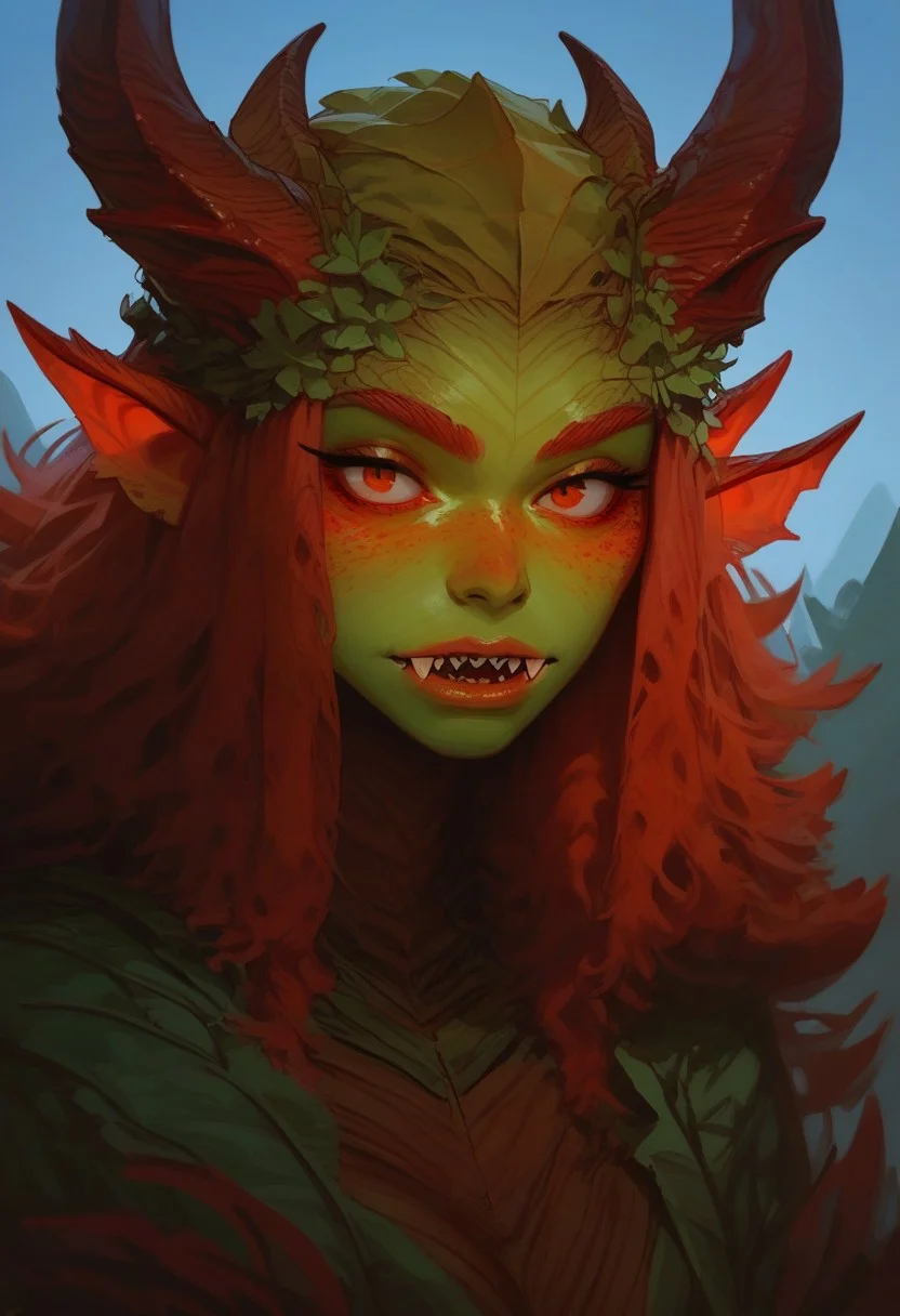 Score_9, score_8_up, high detail,  smooth art, masterpiece, best quality, amazing quality, monster girl,
Break
1girl, solo, plant woman, green skin,  leaf skin, full red eyes, sharp claws, monster mouth open, wood horns, 
Break
Forest background, bright blue sky