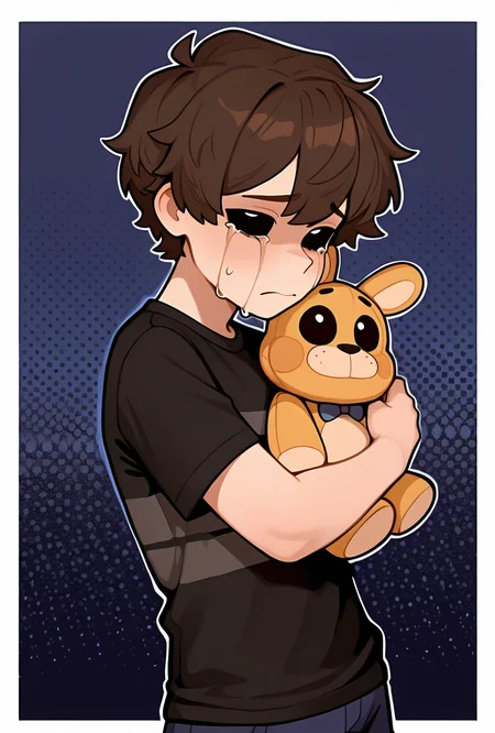 <lora:cryingchil-10:1> cryingchil, short hair, brown hair, black shirt, 1boy, short sleeves, striped shirt, navy blue shorts, crying, tears, black sclera, stuffed toy, dark blue background, masterpiece, best quality, amazing quality, very aesthetic, absurdres, newest,, upper body, halftone effect, white borders, abstract background:1.2,
