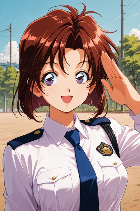 Tsujimoto Natsumi,1girl,solo,short hair,outdoors,upper body,smile,closed mouth,police uniform,blue necktie,white shirt,smile,open mouth,long sleeves,retro artstyle,salute,
<lora:You Are Under Arrest_illustriousXL:0.4>,
<lora:hrn_yc_illustriousXL:1>,