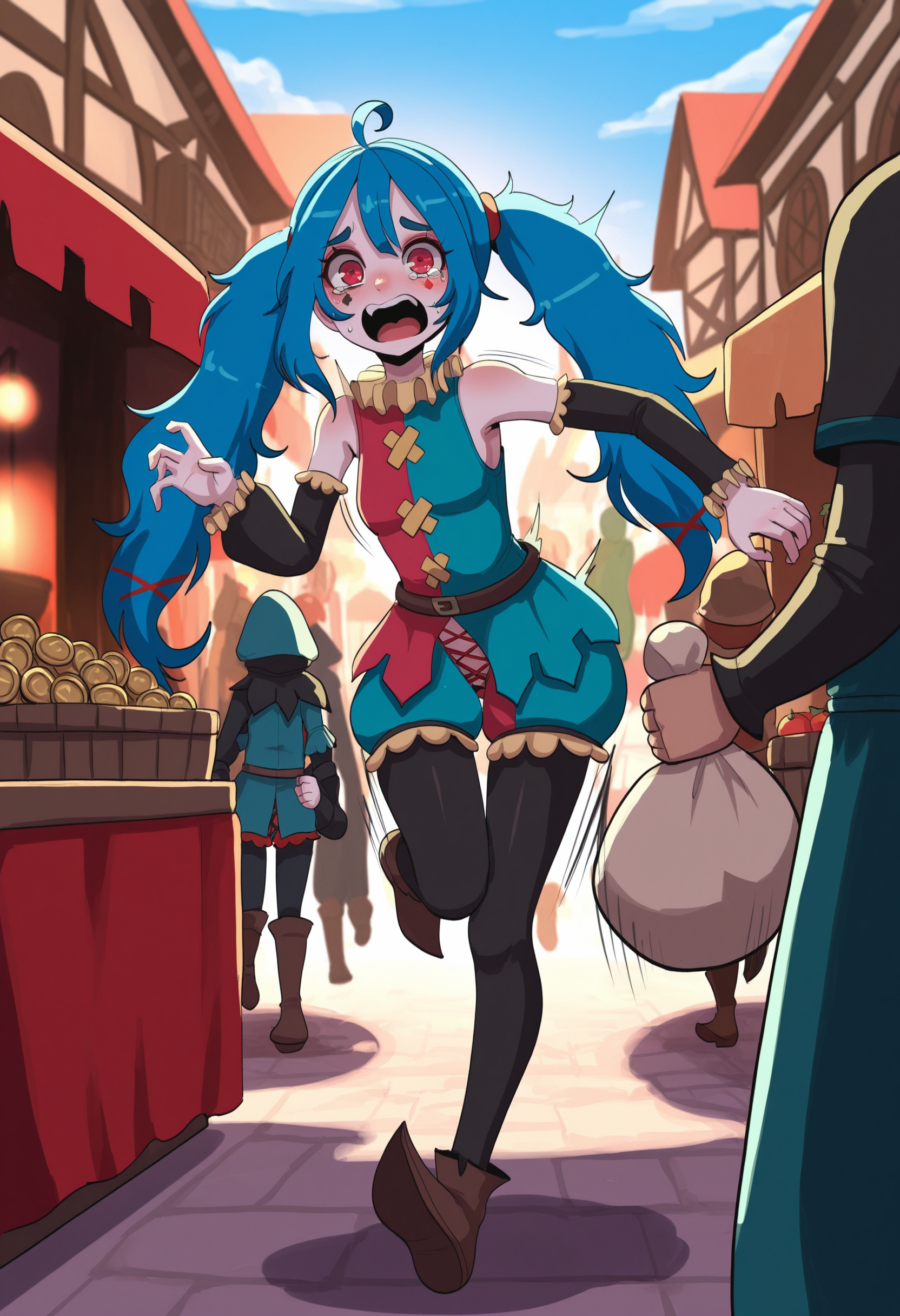 pippipanini, blue hair, long hair, red eyes, jester, black sleeves, detached sleeves, (permanent makeup, facial markings, red heart_mark under eye, spade mark), twintail, small breasts, outside, town, pantyhose, townfolk, market, brown footwear, sunshine, running away, motion lines, tears, holding small sack, money sack, gold in sack, gold coins, coins  falling out of sack