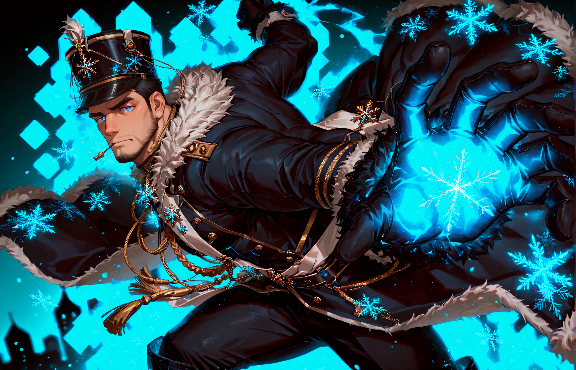 <lora:pose_PepePunchMeme_illusXLNoobAI_Incrs_v1:1> IncrsPunchMeme, incoming attack
<lora:face_Edwin__Alchemist_Code-000004:.7>, tagatameedwin, 1boy, black hair, dark blue eyes, short hair, solo, male focus, manly, bara, mature male, muscle body, shako hat, fur trim, snowflakes pin, coat, aiguillette, shirt, sash, gloves, glowing pattern, tassel, pants, boots,
cowboy shot, 
(very short hair, beard, bara, mature, facial hair, stubble, beard, full beard, sideburn, beard, a lot of beard, ), facial hair,male focus, muscular male, muscular male, bara, mature,  bara, mature, aixiwuganda_(20222192), very awa, masterpiece, best quality, absurdres, newest, perfect quality, detailed background, intricate details,
<lora:slider_Body Type_alpha1.0_rank4_noxattn_last:3><lora:Anime Summer Days 2 Style SDXL_LoRA_Pony Diffusion V6 XL:.6><lora:slider_cfg_scale_boost:.7><lora:Artist6p:.55>, Artist6p, Artist04p,<lora:slider_il_brightness_slider_d1:-1><lora:slider_il_contrast_slider_d1:-1><lora:slider_DarkSlider1.2_alpha1.0_rank16_full_300steps:-.6><lora:slider_contract_controller_illus01_v1:.5>,