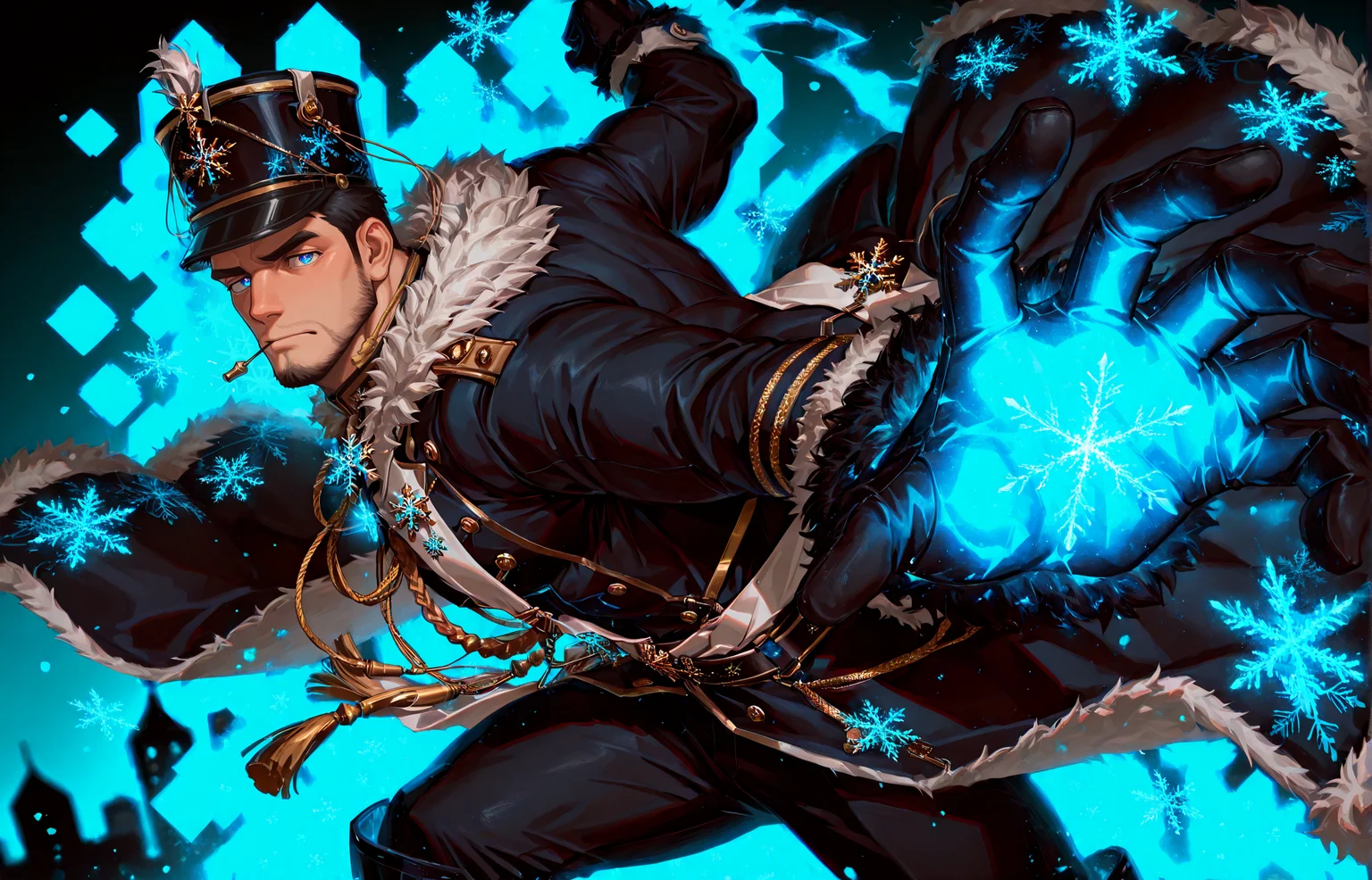 <lora:pose_PepePunchMeme_illusXLNoobAI_Incrs_v1:1> IncrsPunchMeme, incoming attack
<lora:face_Edwin__Alchemist_Code-000004:.7>, tagatameedwin, 1boy, black hair, dark blue eyes, short hair, solo, male focus, manly, bara, mature male, muscle body, shako hat, fur trim, snowflakes pin, coat, aiguillette, shirt, sash, gloves, glowing pattern, tassel, pants, boots,
cowboy shot,
(very short hair, beard, bara, mature, facial hair, stubble, beard, full beard, sideburn, beard, a lot of beard, ), facial hair,male focus, muscular male, muscular male, bara, mature, bara, mature, aixiwuganda_(20222192), very awa, masterpiece, best quality, absurdres, newest, perfect quality, detailed background, intricate details,
<lora:slider_Body Type_alpha1.0_rank4_noxattn_last:3><lora:Anime Summer Days 2 Style SDXL_LoRA_Pony Diffusion V6 XL:.6><lora:slider_cfg_scale_boost:.7><lora:Artist6p:.55>, Artist6p, Artist04p,<lora:slider_il_brightness_slider_d1:-1><lora:slider_il_contrast_slider_d1:-1><lora:slider_DarkSlider1.2_alpha1.0_rank16_full_300steps:-.6><lora:slider_contract_controller_illus01_v1:.5>,