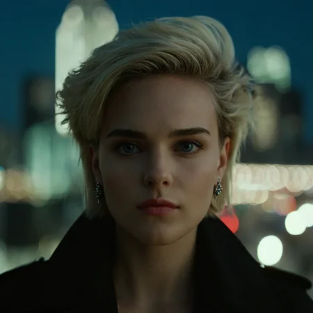 cinematic film still of <lora:detailed_notrigger:0.1>
<lora:facial expression style v2:0.1>
<lora:perfection style:0.1> perfection style
<lora:TeethXL:0.1>
<lora:detailed:0.1> detailed
<lora:skin texture style:0.2>
<lora:SDXLHighDetail_v5:0.2>
<lora:Hollywood Anamorphic format film style v2:1>
A beautiful Anamorphic format film photo of a woman with a black jacket and a city in the background, movie themed, sharp, detailed, epic cinematic photography, artistic, dramatic chiaroscuro light, cinematic chiaroscuro color style, skin tone film style, Kodak, 35 mm film style, Anamorphic lens style, Anamorphic bokeh style, Anamorphic background style, Anamorphic depth of field style, widescreen, cinematography technique style, Hollywood Anamorphic format film style, 1girl, solo, looking at viewer, short hair, blue eyes, blonde hair, jewelry, earrings, blurry, lips, night, depth of field, blurry background, piercing, ear piercing, portrait, asymmetrical hair, realistic, closed mouth
, shallow depth of field, vignette, highly detailed, high budget, bokeh, cinemascope, moody, epic, gorgeous, film grain, grainy