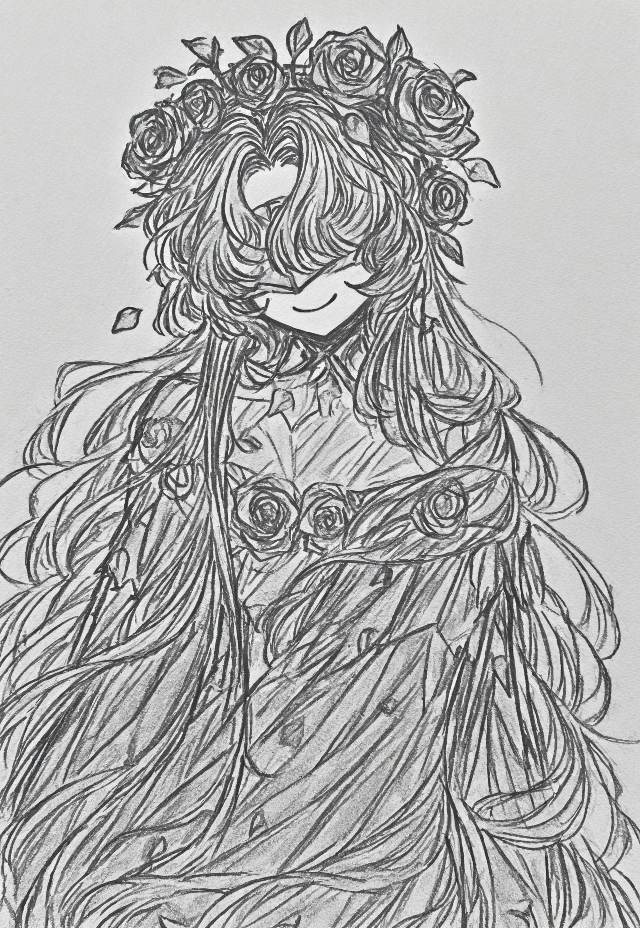 greyscale, sketch, high resolution, portrait, amazing quality,long hair, dynamic pose, (((roses in hair))), (((petal hair))), flower hair, monster girl, plant girl, (masterpiece), (((hair is flowers))), best quality, solo, dynamic pose, no eyes, rose hair, petal hair, gradient hair, white hair, red petals, petals on head, plant person, petal hair, flower hair, iridescent clothes, iridescent robe, petal clothes, smile, (((hair made of roses))), rose on head, curtained hair, rose head, ((object head)), petal sleeves,  hair over one eye, silver blindfold
rose for a head, hanahaki disease, mirror face, mirror skin, mirror head, glass skin, white mirror armor visor, white skin, porcelain skin, reflective skin , hat over eyes, rose hat, off-shoulder rainbow iridescent dress, pond