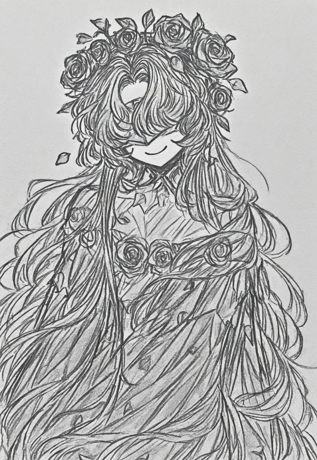 greyscale, sketch, high resolution, portrait, amazing quality,long hair, dynamic pose, (((roses in hair))), (((petal hair))), flower hair, monster girl, plant girl, (masterpiece), (((hair is flowers))), best quality, solo, dynamic pose, no eyes, rose hair, petal hair, gradient hair, white hair, red petals, petals on head, plant person, petal hair, flower hair, iridescent clothes, iridescent robe, petal clothes, smile, (((hair made of roses))), rose on head, curtained hair, rose head, ((object head)), petal sleeves, hair over one eye, silver blindfold
rose for a head, hanahaki disease, mirror face, mirror skin, mirror head, glass skin, white mirror armor visor, white skin, porcelain skin, reflective skin , hat over eyes, rose hat, off-shoulder rainbow iridescent dress, pond