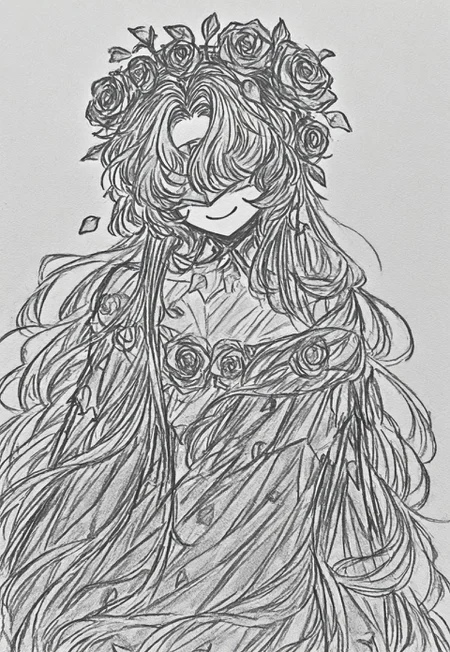 greyscale, sketch, high resolution, portrait, amazing quality,long hair, dynamic pose, (((roses in hair))), (((petal hair))), flower hair, monster girl, plant girl, (masterpiece), (((hair is flowers))), best quality, solo, dynamic pose, no eyes, rose hair, petal hair, gradient hair, white hair, red petals, petals on head, plant person, petal hair, flower hair, iridescent clothes, iridescent robe, petal clothes, smile, (((hair made of roses))), rose on head, curtained hair, rose head, ((object head)), petal sleeves,  hair over one eye, silver blindfold
rose for a head, hanahaki disease, mirror face, mirror skin, mirror head, glass skin, white mirror armor visor, white skin, porcelain skin, reflective skin , hat over eyes, rose hat, off-shoulder rainbow iridescent dress, pond