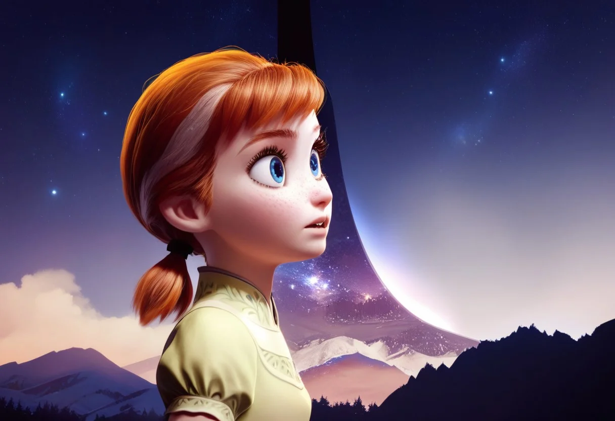score_9, score_8_up, score_7_up, dramatic lighting, sparkling lights, cinematic, BREAK,
hlrng, horizon, starry sky, mountainous horizon, scenery, dark, darkness, night, night sky, starry sky, star \(sky\), nebula, galaxy,
1girl, solo, anna, blue eyes, freckles, auburn hair, twintails, short twintails, green dress, relaxed eyes, perfection,