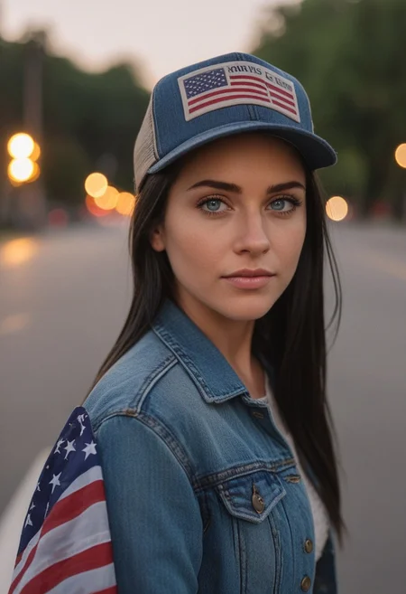 30yo woman holding an American flag.
Blue eyes. perfecteyes 
Wearing Denim jacket trucker hat. 
Long dark black slick back hair. No makeup. Dusk, Street light. Looking at camera POV. Slight smile, tilting head.. Tilt head.
Medium Close Up shot. Bokeh. Bokeh light. semi Blurred background.