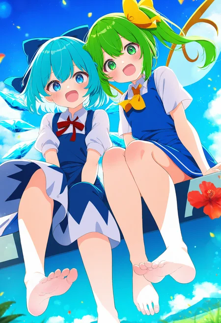2girls,cirno,daiyousei,
outdoors,blue hair,green hair,toes,fairy wings,green eyes,shirt,blue sky,sleeveless,short sleeves,day,sitting,fairy,bow,open mouth,:d,white shirt,barefoot,sleeveless dress,hair bow,sky,blue eyes,bare legs,dress,blush,pinafore dress,feet,side ponytail,ice wings,full body,looking at viewer,collared shirt,soles,wings,short hair,ice,cloud,smile,foot focus,
masterpiece,best quality,newest,highres,absurdres,
<lora:Siro9_noobesp11_4-000015>,