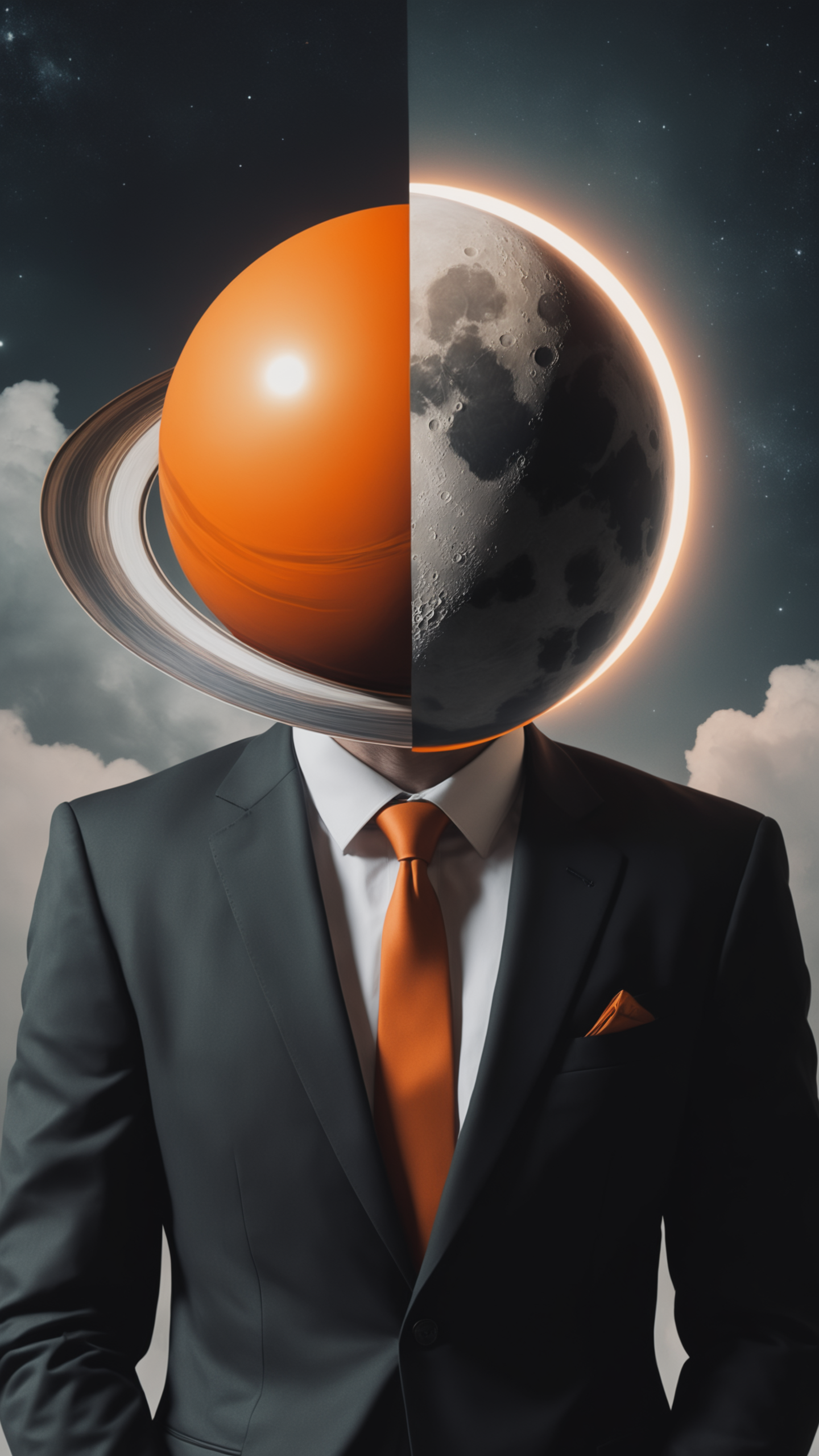 a man in a suit with a Saturn instead of his head, a surrealist painting, by Eglon van der Neer, photography,  unsplash, artwork in the style of guweiz, suit and tie, head and waist potrait, without eyes, with a big head, faceless people, head as a planet, professional profile picture, orange halo, (creepy moon head man)