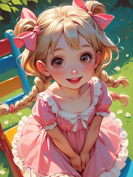 score_9,score_8_up,score_7_up,score_6_up,score_5_up,score_4_up,
1girl, solo, young, child, toddler, brown eyes, blonde hair, twin braids, looking at viewer,
hair bow, pink dress, playground, happy,