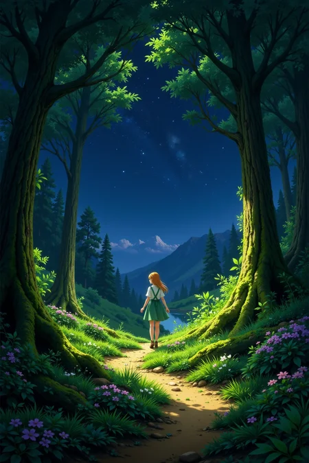 mossy coniferous forest beautiful anime landscape, bright luminous starry night, woman, very intricate, very detailed, sharp, bright, colorful, <lora:Hand v2:0.5> <lora:Anti-Blur:1><lora:Insane Detail Slider:0.25>  <lora:flux.1_lora_flyway_Epic-detail_v2:0.3> <lora:fluxenhancer:0.25> <lora:ROWER:0.6> <lora:flux-charmer-v1-1:0.4> <lora:Anime art - Variant 2:1>