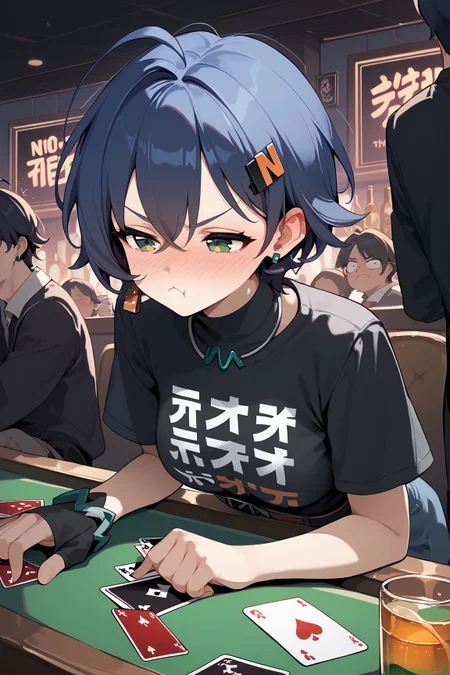 score_9, score_8_up, score_7_up, source_anime, 8k hd, uncesored, 1girl, Belle_(Zenless_Zone_Zero), green eyes, blue hair, short hair, ahoge, medium breasts, hair ornament, earrings, black shirt, single glove, clothes writing, nightclub, frown, pout, half-closed eyes, face blush, sitting behind table, weak, drunk, drinking, green drink, playing cards, holding cards,
<lora:ZenlessZoneZero_Belle_ShadowxArt:0.8>