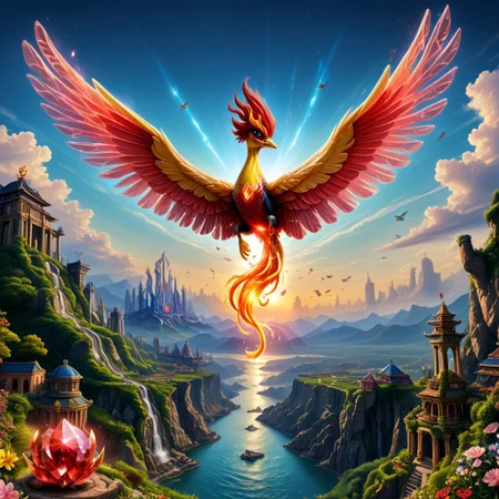 score_9, score_8_up, score_7_up, (Phenomenal Phoenix from pink and red crystals flying in the sky in its splendor, intense pink and red glowing aura on the phoenix's body, powerful energy reside inside the core of phoenix's body and the phoenix's eyes radiating blazing heat:1.37), strong focus on subject, Futuristic space suit with integrated HUD and environmental sensors, strong bokeh, masterpiece, flawless complexion, top quality, best quality, ultra-realistic, ultra-detailed, 8k, highest resolution, surreal, incredibly lifelike, real life photo reality, lots of colorful kinds of beautiful flowers, bunches of tiny little animals, tiny birds and butterflies flying around, fish jumping in the air, wisdom tree, sunlight, perfect shadow, perfect panorama photo, lakes, meadows, best artistic scenery, colorful, rich colors, perfection artistic, uncanny realism, realism pushed to extreme, outstanding clear photo quality, immaculate-micro-details phoenix, intricate details, awards winning legendary almighty beast photography, 360 View, 360, micro details photography, shot on Canon EOS 5D, glamour photography, radiant god rays, Ilford HP5 Plus, Photographers by Tim Walker, technicolor, digital art, depth of field, Ancient temple,, top quality photo, intricate details, (distant view:1.6)