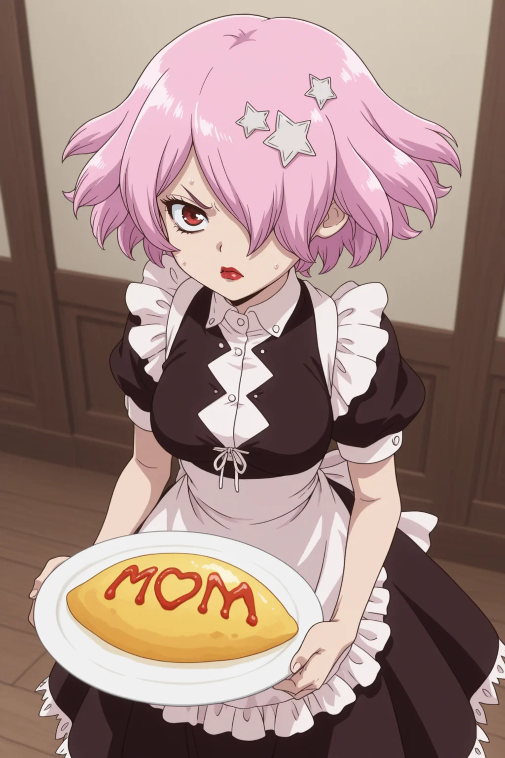 masterpiece, best quality, amazing quality, 1girl, lun4wr1ght, short hair, pink hair, star hair ornament, hair over one eye, red lips, red eye, maid, maid_costume, angry, standing, holding plates, omelet,  <lora:LunaWrightDrStoneILLUSTByJuninhoLara21:0.8>