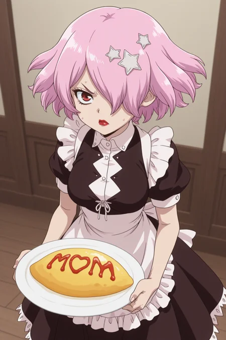 masterpiece, best quality, amazing quality, 1girl, lun4wr1ght, short hair, pink hair, star hair ornament, hair over one eye, red lips, red eye, maid, maid_costume, angry, standing, holding plates, omelet, <lora:LunaWrightDrStoneILLUSTByJuninhoLara21:0.8>